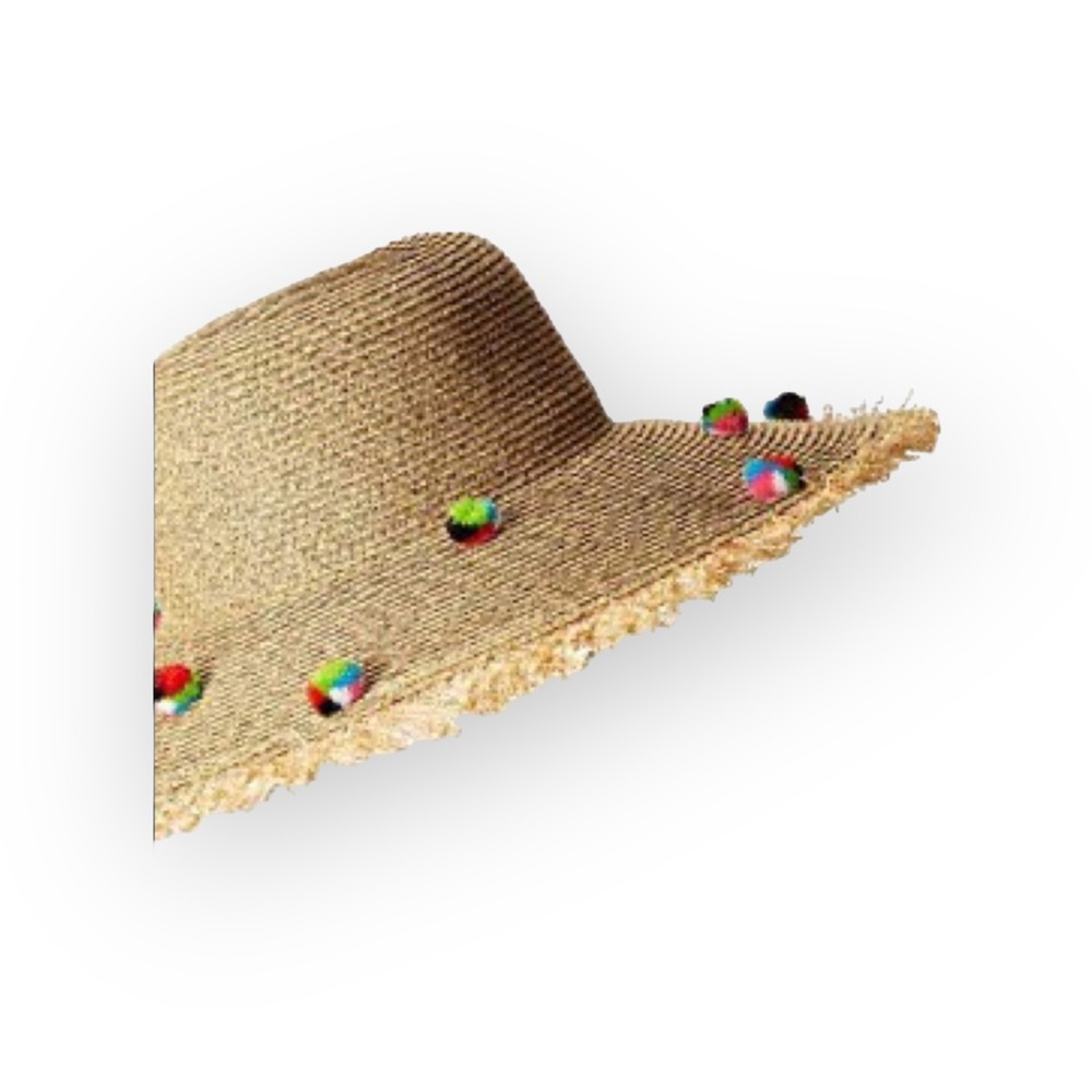 new ✶ Pom Pom Embellished ✶ Raffia Straw Wide Brim Sun Hat ✶ Resort Cruise Chic - Picture 7 of 16